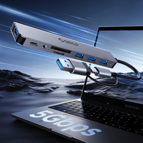 Hub USB-A/USB-C Orico YSA8-U3 stacja dokująca 3x USB-A 2.0 + 1x USB-A 3.0 + 1x USB-C 2.0 + 1x 3,5mm audio + 2x TF&SD - szary