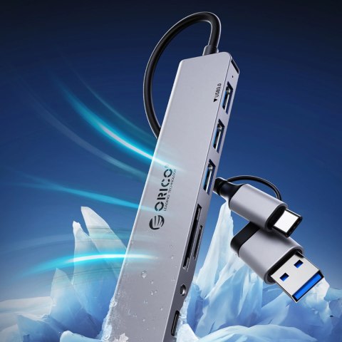 Hub USB-A/USB-C Orico YSA8-U3 stacja dokująca 3x USB-A 2.0 + 1x USB-A 3.0 + 1x USB-C 2.0 + 1x 3,5mm audio + 2x TF&SD - szary