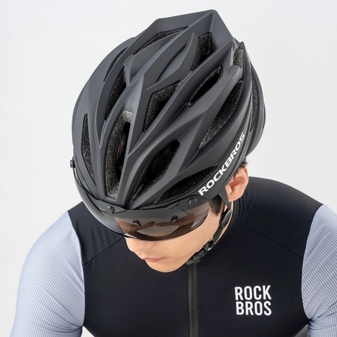 Kask rowerowy Rockbros z szybką, odpinane okulary z ochroną UV, unisex - czarno-brązowy