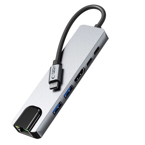 Adapter Tech-Protect HB02 HUB Adapter 6w1 USB-C + USB2.0 + USB3.0 + HDMI 4K 30Hz + RJ45 + PD100W - szary