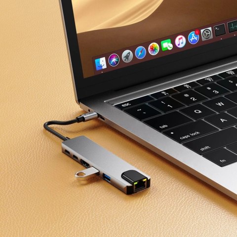 Adapter Tech-Protect HB02 HUB Adapter 6w1 USB-C + USB2.0 + USB3.0 + HDMI 4K 30Hz + RJ45 + PD100W - szary