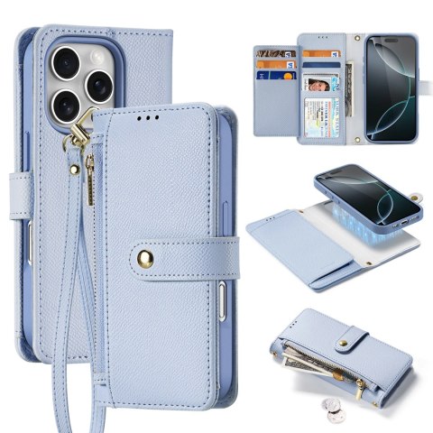 Etui skórzane Dux Ducis Lawa na iPhone 16 Pro Max z odłączanym portfelem magnetycznym - błękitne