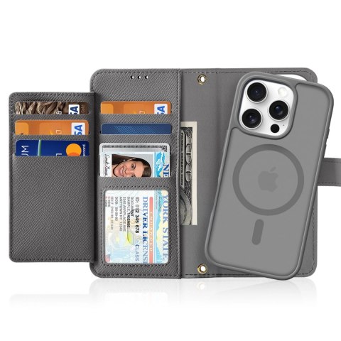 Etui skórzane Dux Ducis Lawa na iPhone 16 Pro Max z odłączanym portfelem magnetycznym - szare