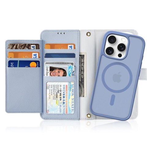 Etui skórzane Dux Ducis Lawa na iPhone 16 Pro z odłączanym portfelem magnetycznym - błękitne
