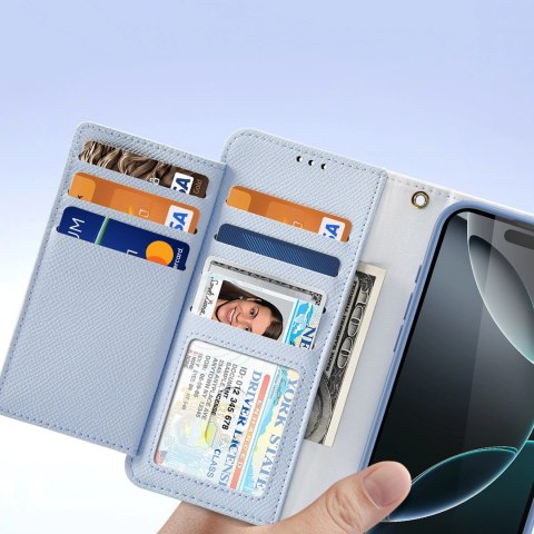 Etui skórzane Dux Ducis Lawa na iPhone 16 Pro z odłączanym portfelem magnetycznym - błękitne