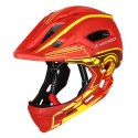 Kask rowerowy fullface dziecięcy Wozinsky z tylną lampką USB 52-56 cm - czerwono-żółty