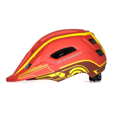 Kask rowerowy fullface dziecięcy Wozinsky z tylną lampką USB 52-56 cm - czerwono-żółty
