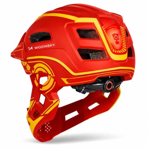 Kask rowerowy fullface dziecięcy Wozinsky z tylną lampką USB 52-56 cm - czerwono-żółty
