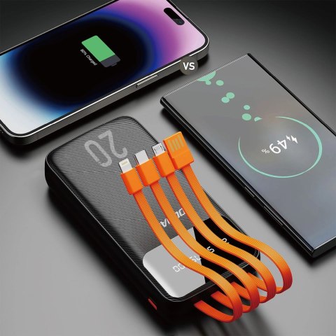 Dudao pojemny powerbank z 4 wbudowanymi kablami 20000mAh USB Typ C + micro USB + Lightning + USB-A (wejście) - czarny (Dudao K6P