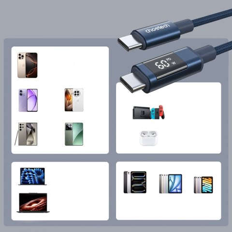 Kabel Choetech XCC-1068 PD 60 W USB-C - USB-C z wyświetlaczem 1.2 m - niebieski