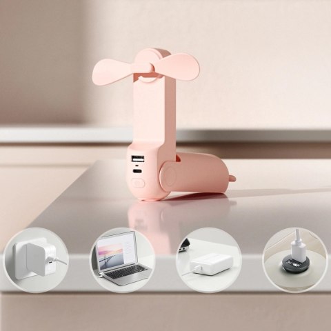 Mini wentylator Jisulife Handheld Fan Life8 Plus przenośny wiatraczek USB z funkcją powerbanka 4500mAh i latarką - różowy
