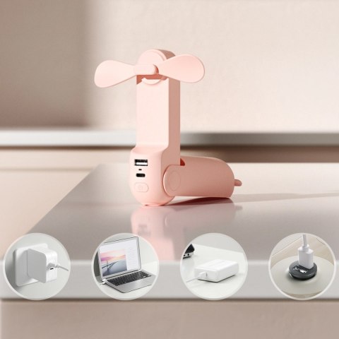 Mini wentylator Jisulife Handheld Fan Life8 przenośny wiatraczek USB z funkcją powerbanka 2000mAh i latarką - różowy