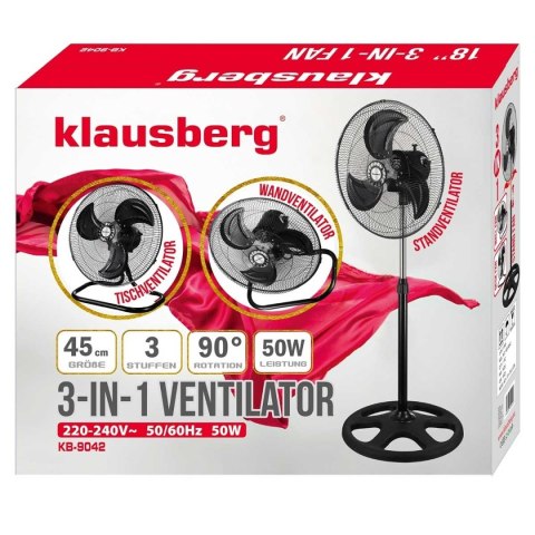 WENTYLATOR WIATRAK PODŁOGOWY BIURKOWY ŚCIENNY 3w1 KLAUSBERG KB-9042