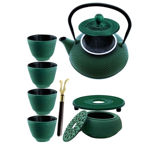ZAPARZACZ ŻELIWNY DZBANEK ZIELONY 900ml Z PODGRZEWACZEM i FILIŻANKAMI PREZENT