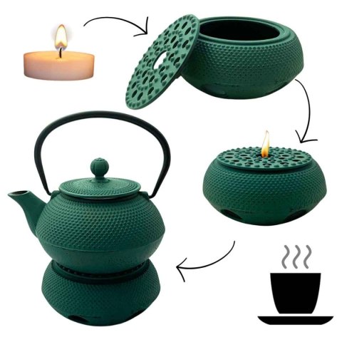 ZAPARZACZ ŻELIWNY DZBANEK ZIELONY 900ml Z PODGRZEWACZEM i FILIŻANKAMI PREZENT