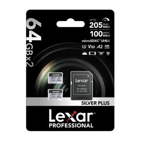 Zestaw 2 kart pamięci Lexar High-Performance Silver Plus microSDXC 2x64GB + adapter