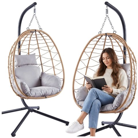 Fotel Wiszący Bujany Kokon Ogrodowy LEAN Poduszki Huśtawka Stelaż Brązowy