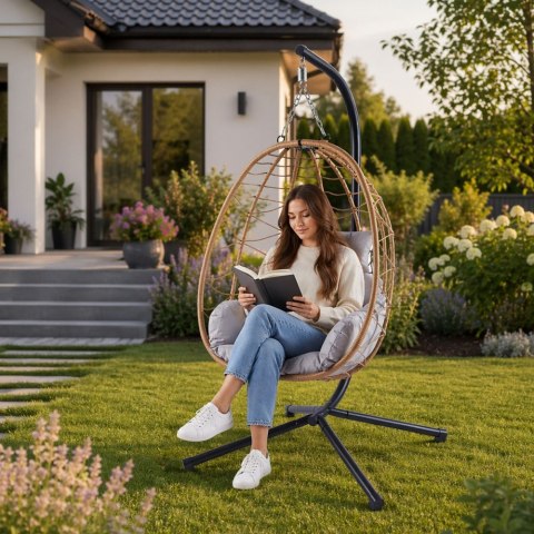 Fotel Wiszący Bujany Kokon Ogrodowy LEAN Poduszki Huśtawka Stelaż Brązowy