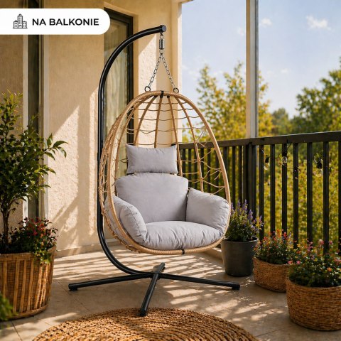 Fotel Wiszący Bujany Kokon Ogrodowy LEAN Poduszki Huśtawka Stelaż Brązowy