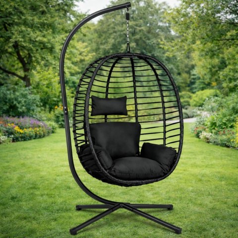 Fotel Wiszący Bujany Kokon Ogrodowy LEAN Poduszki Huśtawka Stelaż Czarny