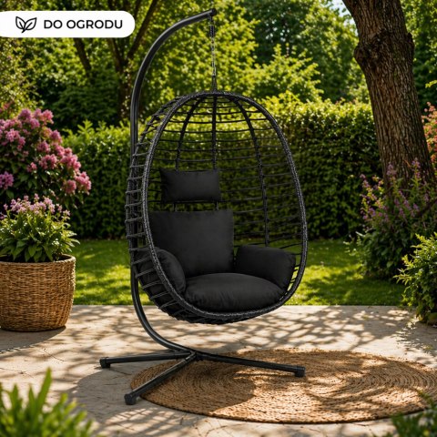 Fotel Wiszący Bujany Kokon Ogrodowy LEAN Poduszki Huśtawka Stelaż Czarny
