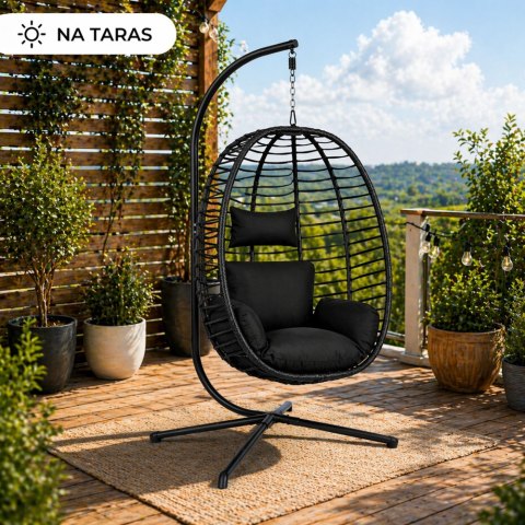 Fotel Wiszący Bujany Kokon Ogrodowy LEAN Poduszki Huśtawka Stelaż Czarny