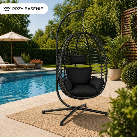 Fotel Wiszący Bujany Kokon Ogrodowy LEAN Poduszki Huśtawka Stelaż Czarny