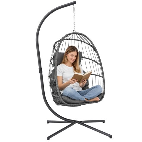 Fotel Wiszący Bujany Kokon Ogrodowy LEAN Poduszki Huśtawka Stelaż Szary