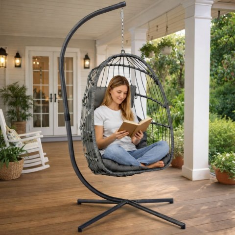Fotel Wiszący Bujany Kokon Ogrodowy LEAN Poduszki Huśtawka Stelaż Szary