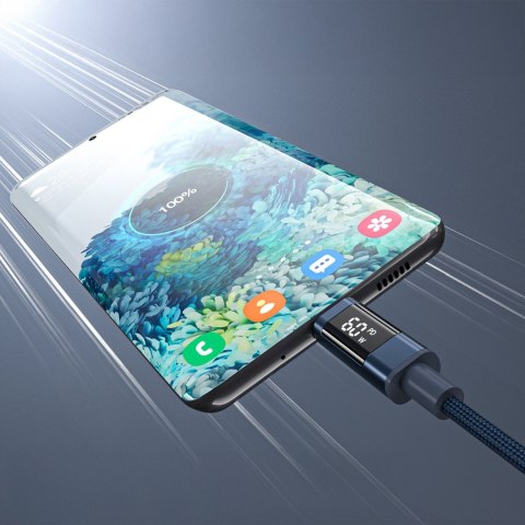 Kabel przewód USB-C z wyświetlaczem PD 60 W 1.2 m - niebieski