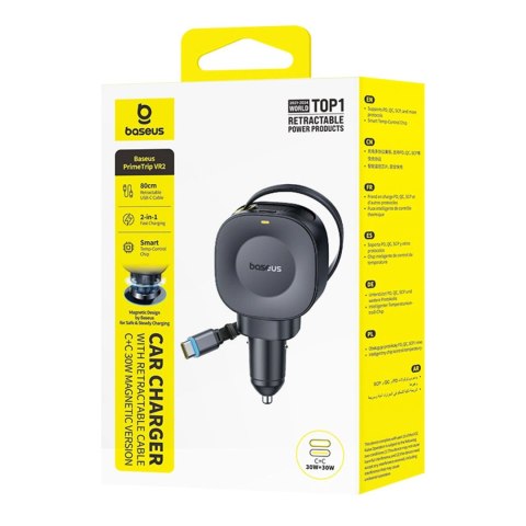 Ładowarka samochodowa Baseus PrimeTrip VR2 30W + 30W ze zwijanym kablem USB-C - czarna