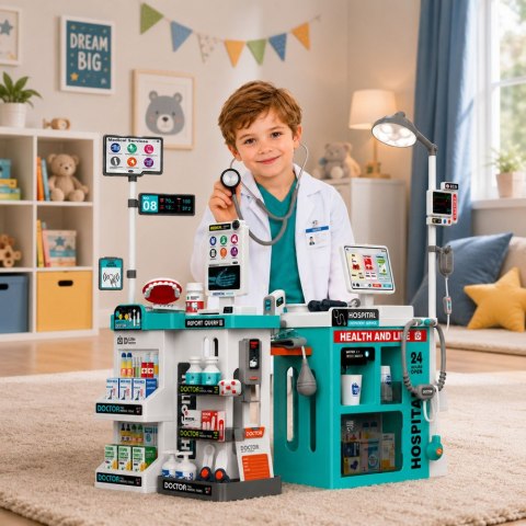 Duży Zestaw Lekarski Stolik Medyczny Doktor Światła Dźwięki Akcesoria 77el.