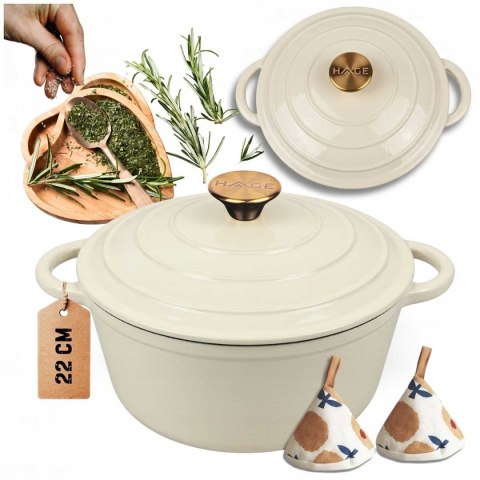 EMALIOWANY GARNEK ŻELIWNY 22cm 3L HAGE CREAM