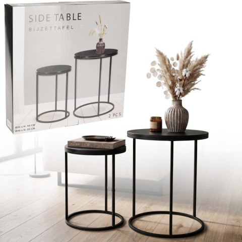 ZESTAW STOLIKÓW KAWOWYCH LOFT OKRĄGŁE BOCZNE MDF METAL 30/40CM CZARNE