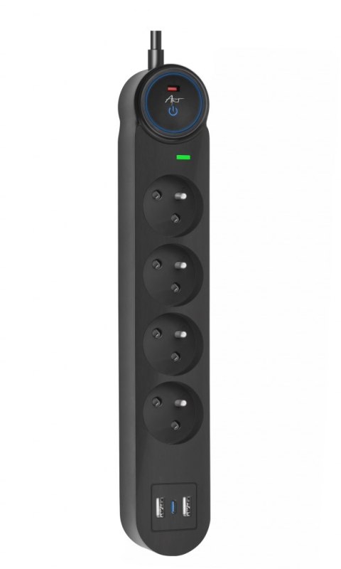 Urządzenie zabezp. p.przepięciowe SPD/przeciążeniowe ART" FU815 z wył.4 gniazda-10A-2USB A+C-2.6A-czarny-3m-3x1,0mm2