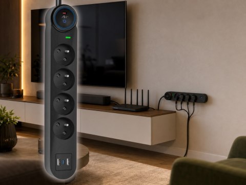 Urządzenie zabezp. p.przepięciowe SPD/przeciążeniowe ART" FU815 z wył.4 gniazda-10A-2USB A+C-2.6A-czarny-3m-3x1,0mm2