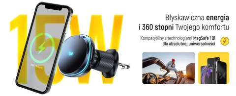 Uchwyt samochodowy Wozinsky WCT5-Q6S2Y z ładowarką indukcyjną Qi/MagSafe 15W na kratkę wentylacji z wentylatorem - czarny