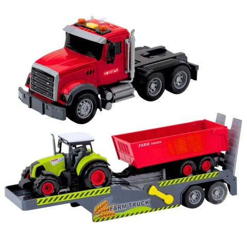 Zestaw Ciężarówka Traktor Z Przyczepą Światła Dźwięki Czerwona