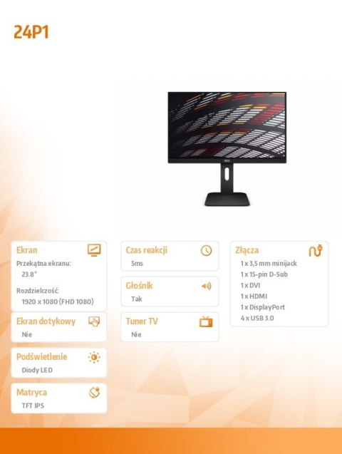 Monitor 23.8 cala 24P1 IPS DVI DP HDMI Pivot Głośniki