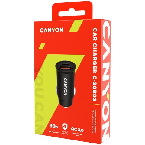 CANYON Ładowarka samoch. C-20-03 PD30W QC3.0 USB-C USB-A Czarna