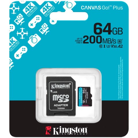 Kingston 64GB microSDXC Canvas Go Plus Gen4 200MB/s A2 U3 V30 Card + Adapter