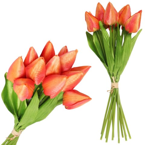 Bukiet 12 TULIPANÓW W PĘCZKU Z RAFIĄ 32 cm pomarańczowe