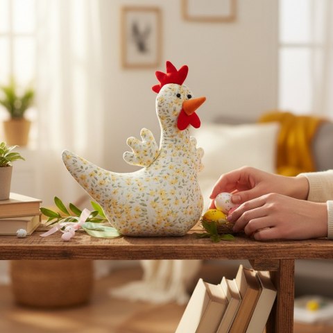 KURA OZDOBA Z MATERIAŁU W KWIATKI KURA FOLKLOR WIELKANOC ŻÓŁTA 25 CM
