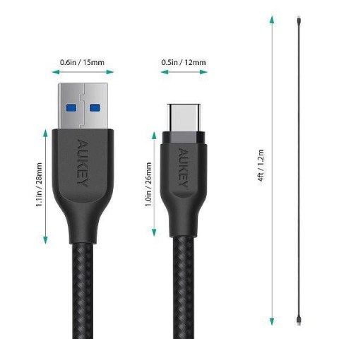 CB-AC1 kabel USB-C - USB-A 1.2m 60W PD 3A 5Gbps 20V FCP AFC Quick Charge nylonowy oplot czarny