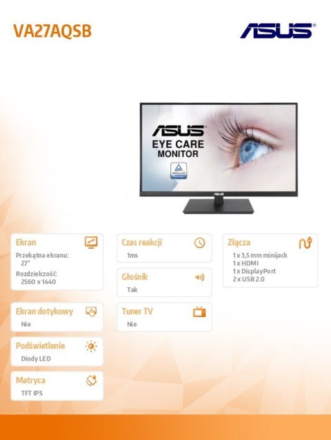 Monitor 27 cali VA27AQSB IPS WQHD HDMI DP USB PIVOT Głośnik
