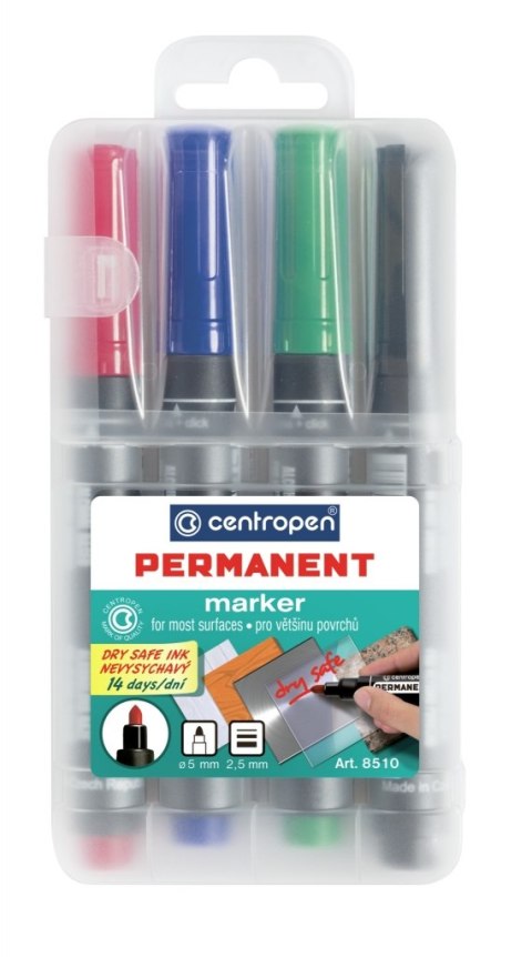 MARKERY PARMANENTNE "Permanent Dry Safe Ink 8510" 4 kolory CENTROPEN