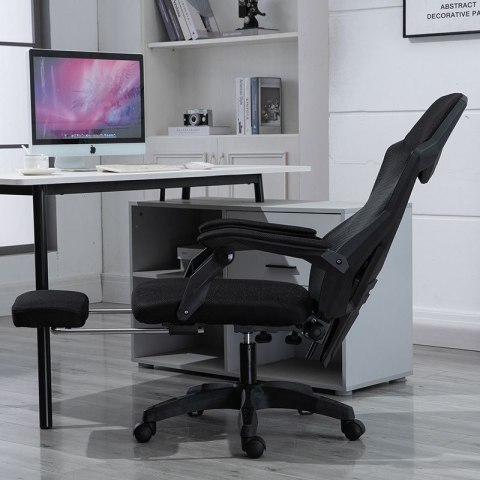 Ergonomiczny, obrotowy fotel biurowy, krzesło z zagłówkiem i podnóżkiem - czarny
