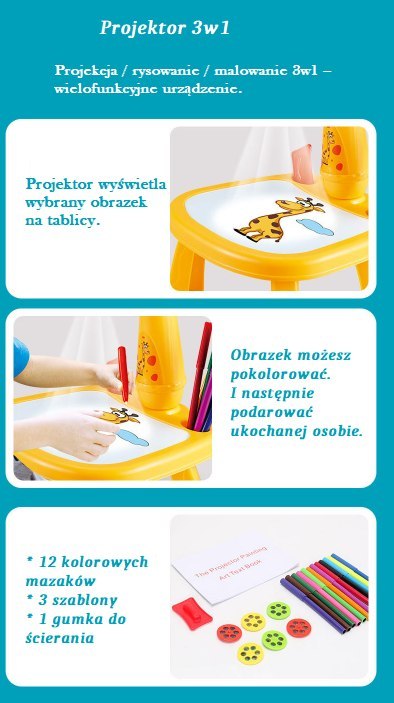 Wielofunkcyjny projektor / rzutnik do nauki rysowania - żółta żyrafa
