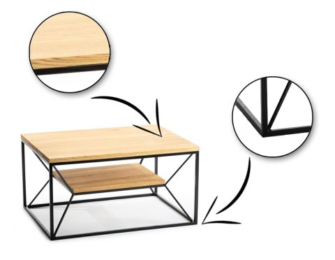 Stolik kawowy OakLoft 80 cm jasny dąb Stolik wykonany z metalu oraz drewnadębowego, solidny i loftowy stoliczek do salonu, 80x60