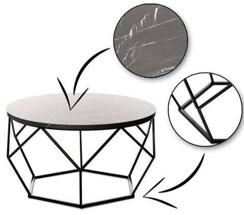 Stolik kawowy Diamond 70cm MARMUR czarny Konstrukcja lakierowana na czarno, blat wykonany z płyty MDF w kolorze czarny marmur , 